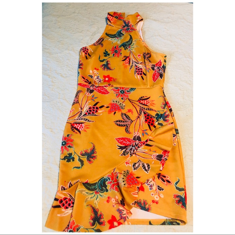 Floral, Midi- Dress - Mustard